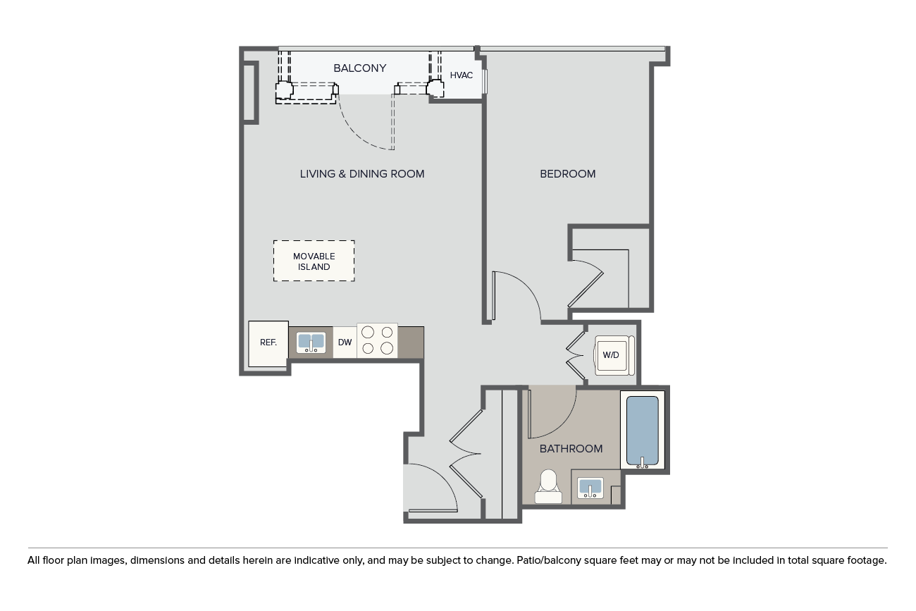 Floor plan for 1 bed, 1 bath, 724 sqft